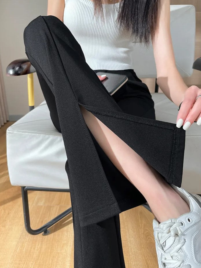 Plus-Size Black Flared Pants with Slit - Stylish Fall Edition for Women