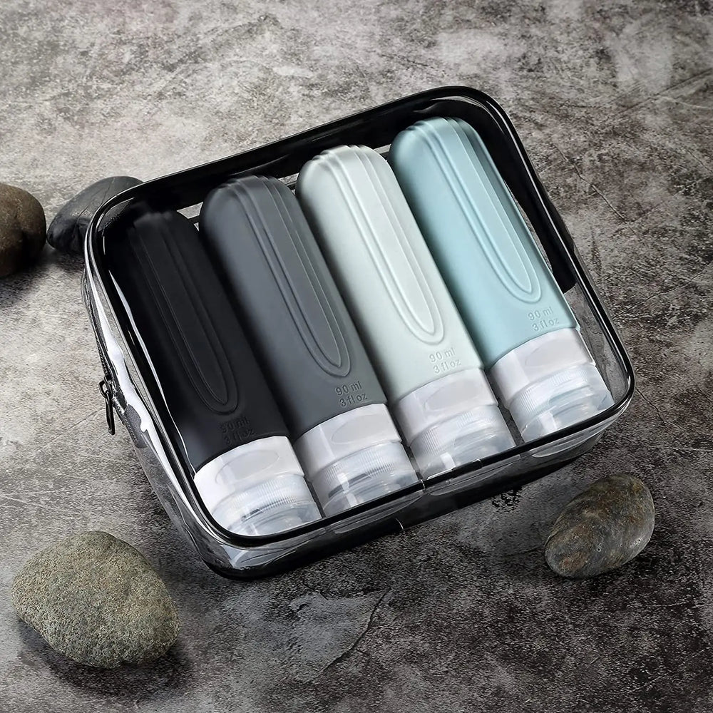 Silicone Travel Bottle Set – 4×90ml, Leak-Proof & Toiletry Bag