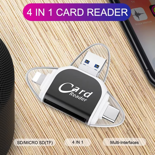 4-in-1 Memory Card Reader – USB, Type-C & Lightning, SD & Micro SD Support