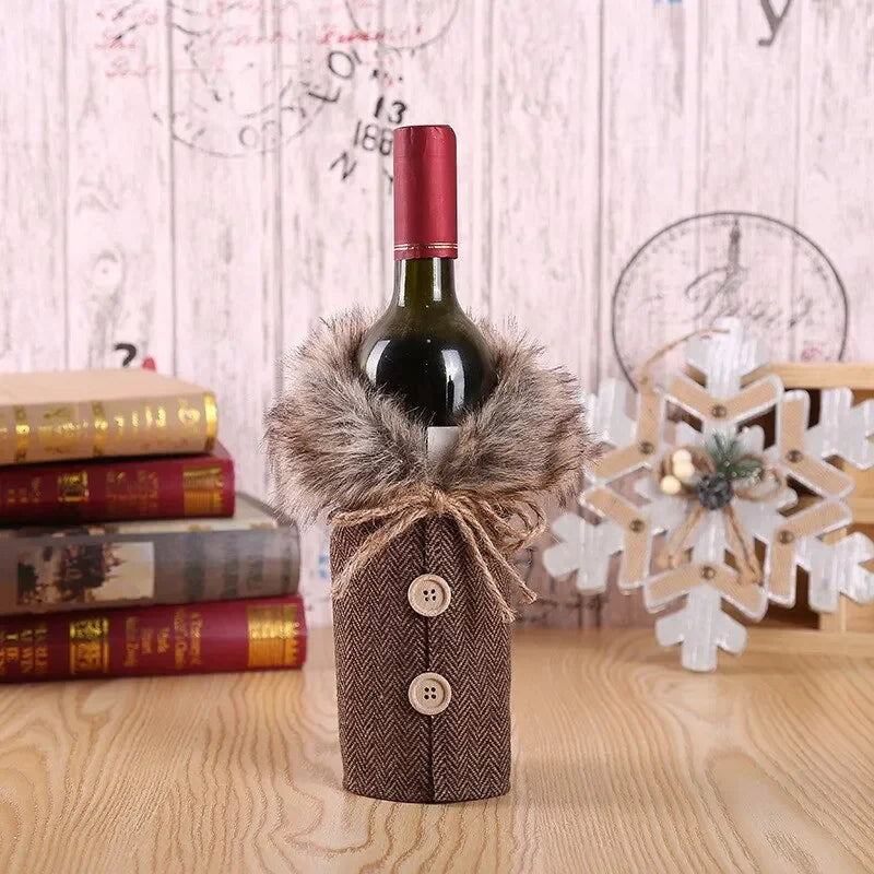 Christmas Wine Bottle Cover with Fur Collar – Santa Coat Bottle Sleeve