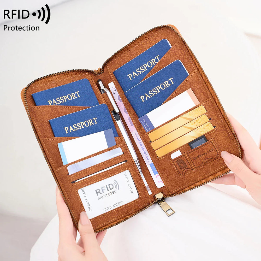 RFID Passport Organizer – Faux Leather, Holds 4 Passports & Zip Closure