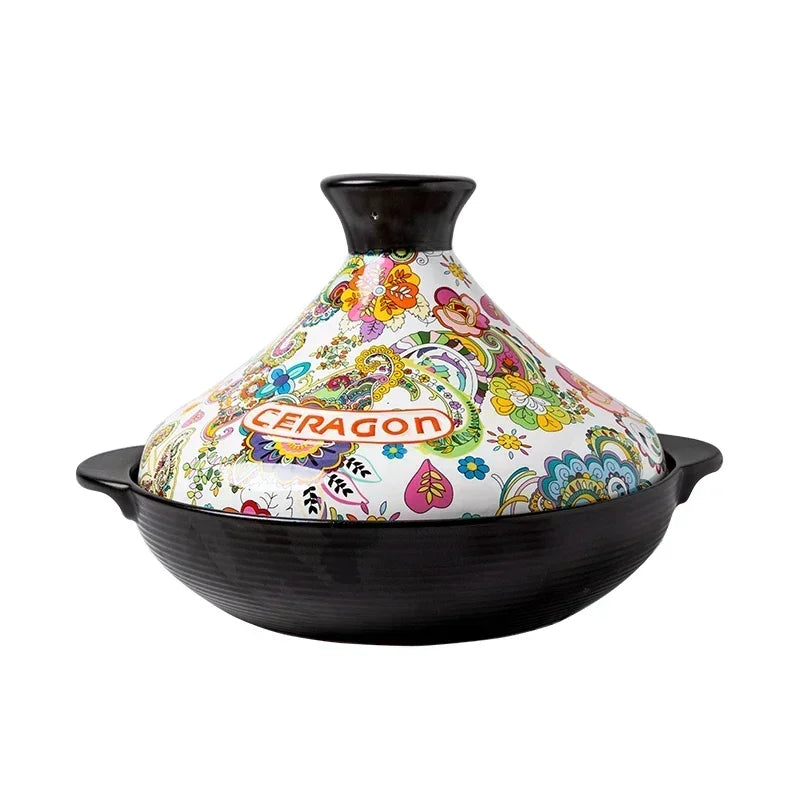 Ceramic Tagine Pot 2L – Floral Design, Gas Stove Safe & Conical Lid