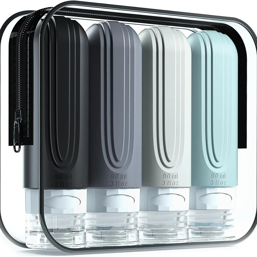 Silicone Travel Bottle Set – 4×90ml, Leak-Proof & Toiletry Bag