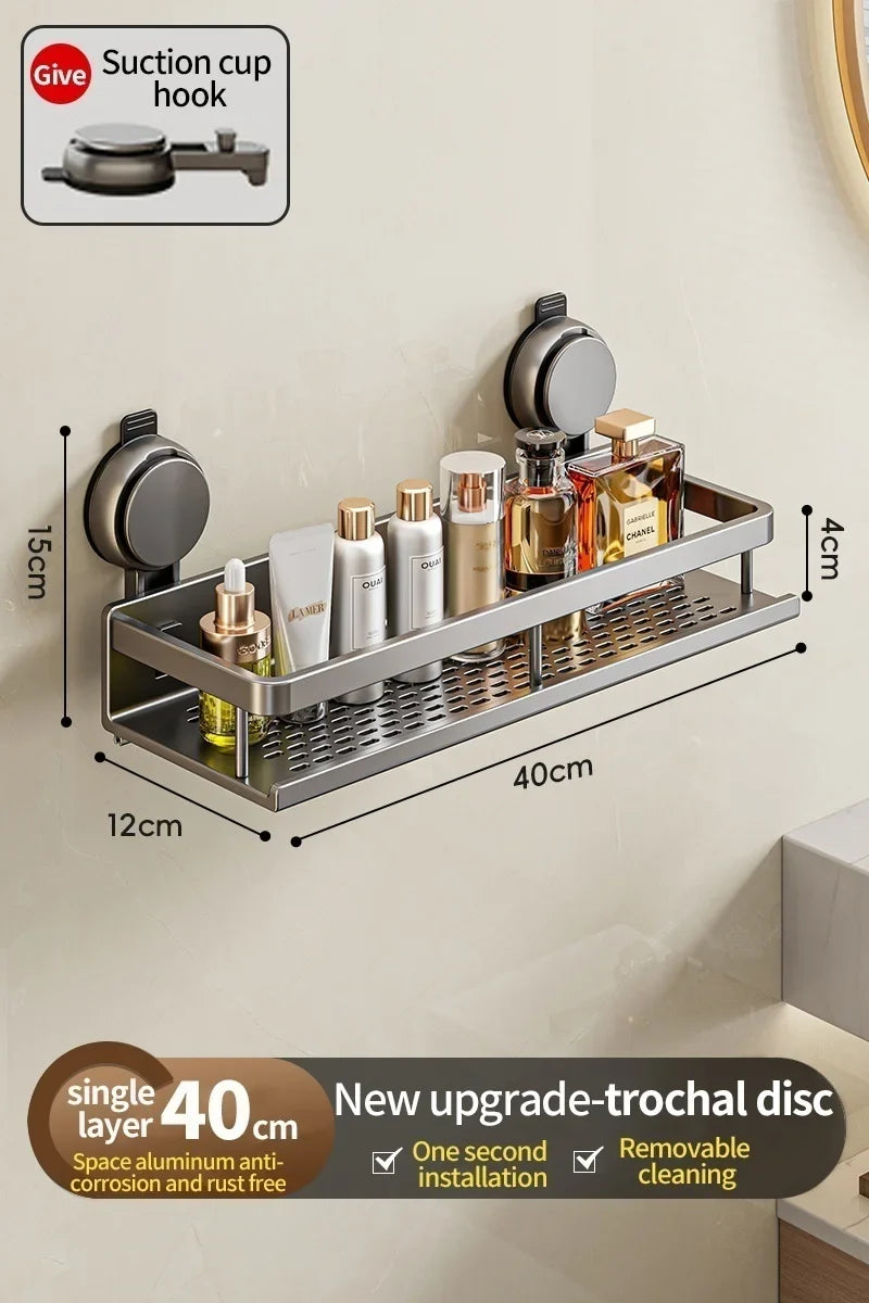 Wall-Mounted Bathroom Shelf – Suction Mount, Aluminum Alloy & Towel Bar