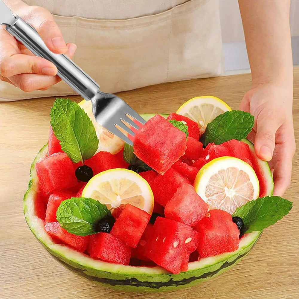Stainless Steel Watermelon Cutter – Dual-Head Cuber & Fork, Food-Safe & Dishwasher-Safe