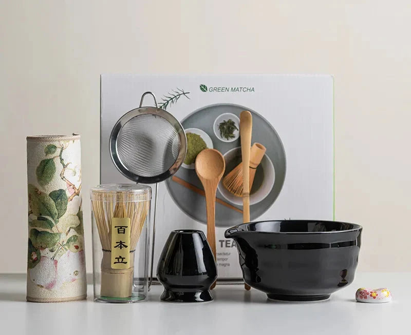 Matcha Set 8-Piece Sakura Design Ceramic Bowl Bamboo Whisk Frother