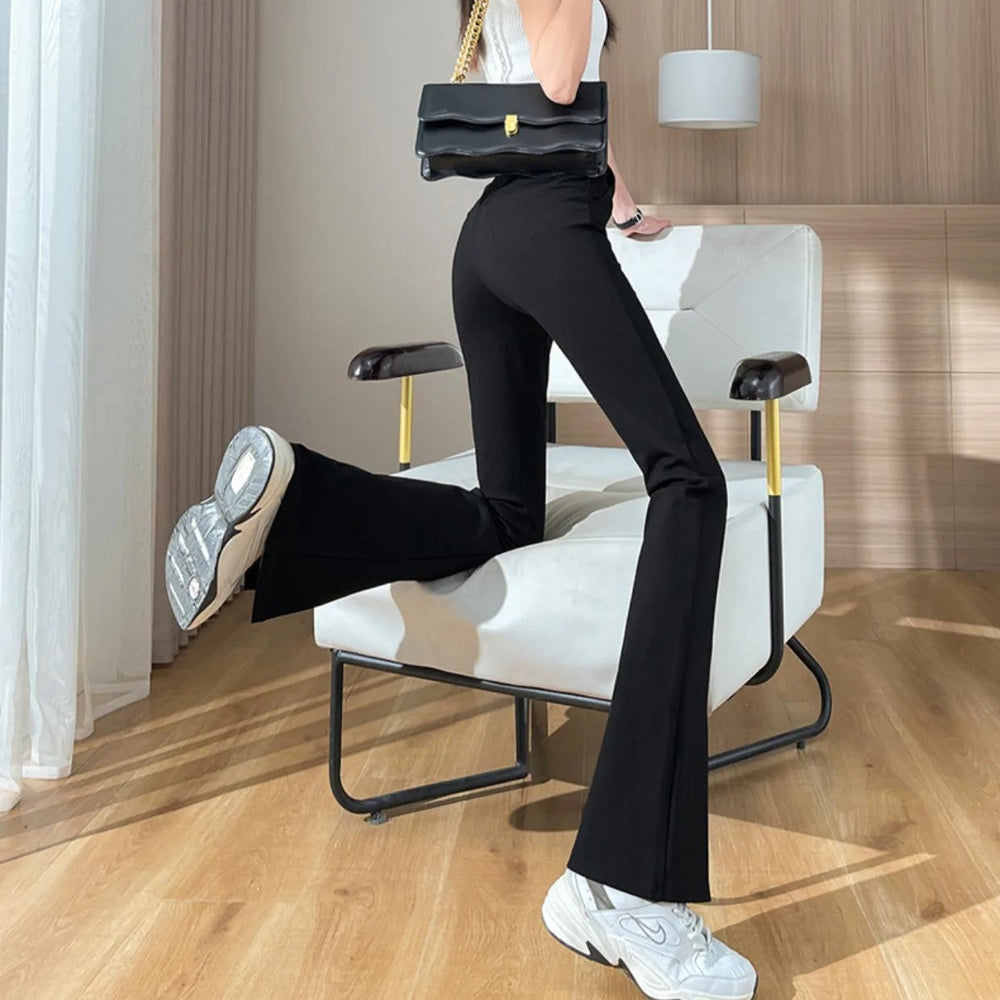 Plus-Size Black Flared Pants with Slit - Stylish Fall Edition for Women