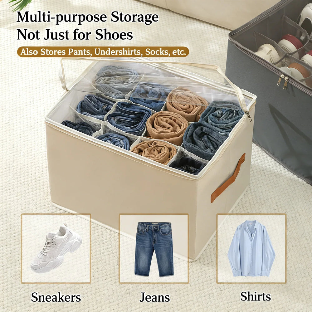 Foldable Shoe Storage Box – Clear Lid, Leather Handle & Stackable