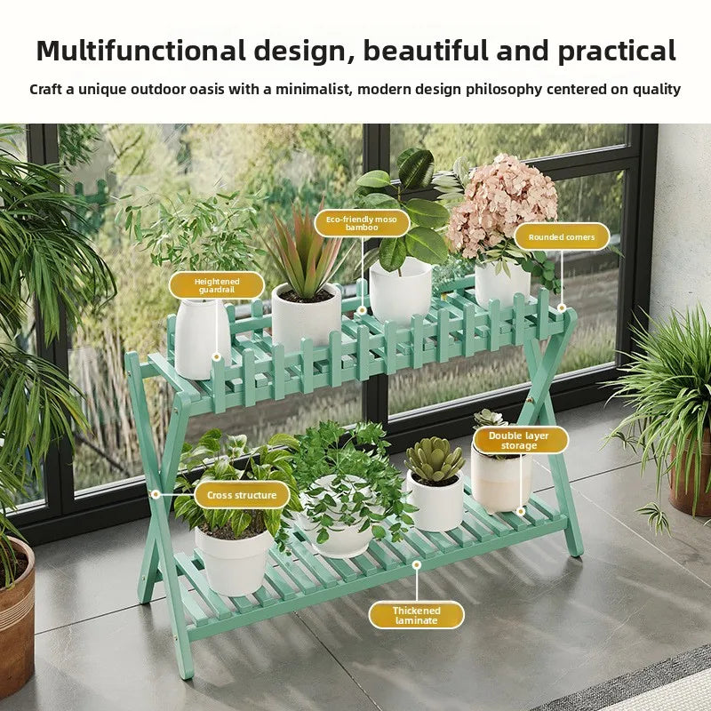 Optimized Product Title: "2-stöckiges Bambus-Pflanzenregal mit dekorativem Zaungitter – Stilvolles Pflanzenregal für Innen- und Außenbereich" 

This title includes relevant keywords while enhancing clarity and appeal for potential buyers.