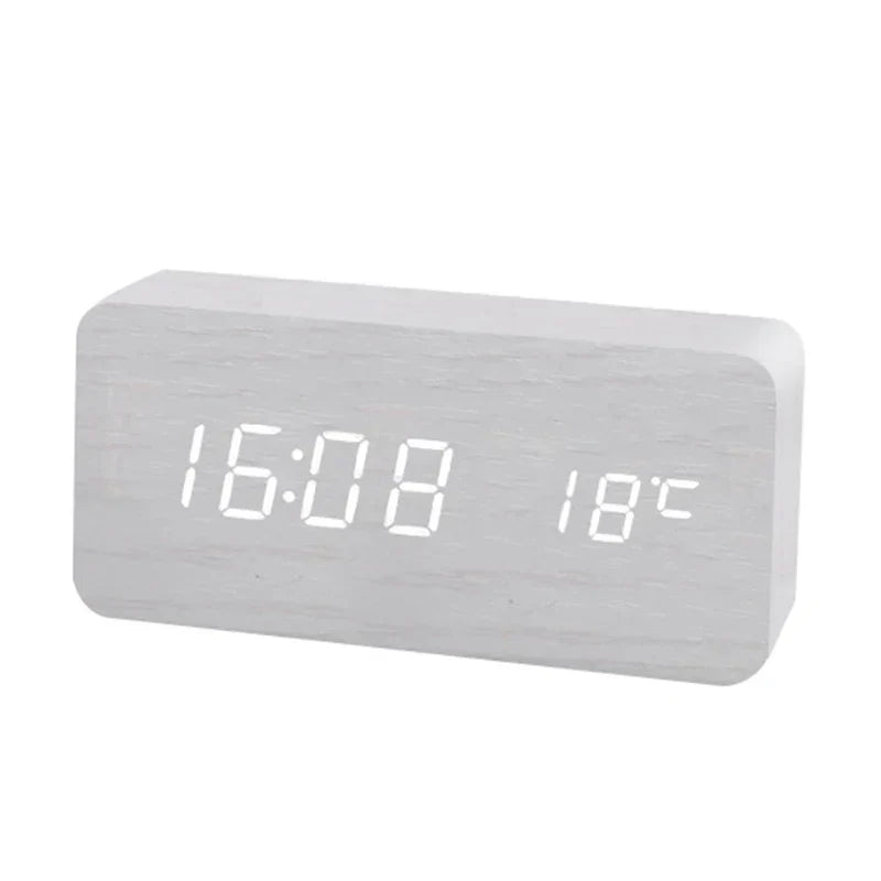 Wooden LED Alarm Clock – Temperature Display, USB/Battery & Adjustable Brightness