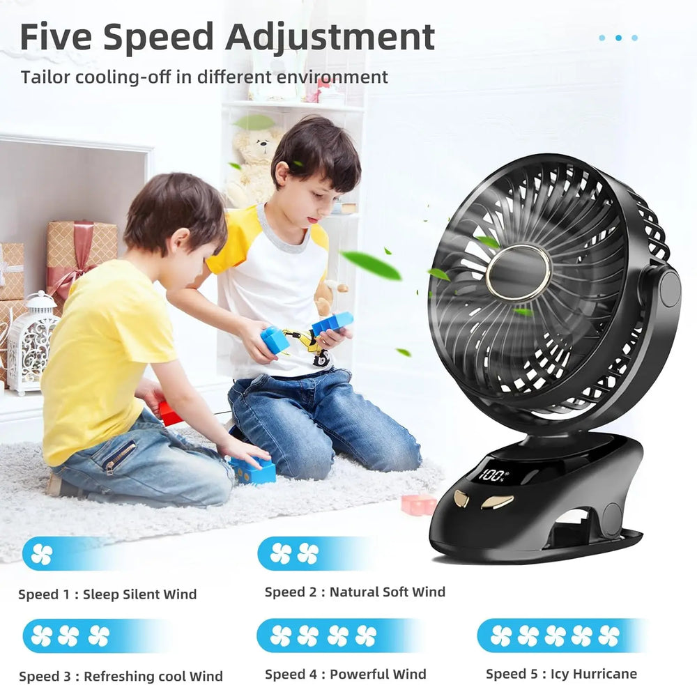 Clip-On Desk Fan – 6000 mAh Battery, 5 Speeds, 90° Tilt & LED Display