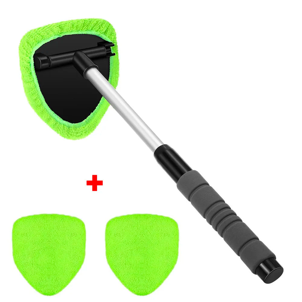 Windshield Cleaning Brush – Extendable Handle, 180° Swivel & 3 Microfiber Pads