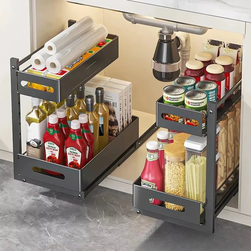 2-Tier Pull-Out Cabinet Organizer – Steel Frame, Height-Adjustable & Sliding Baskets