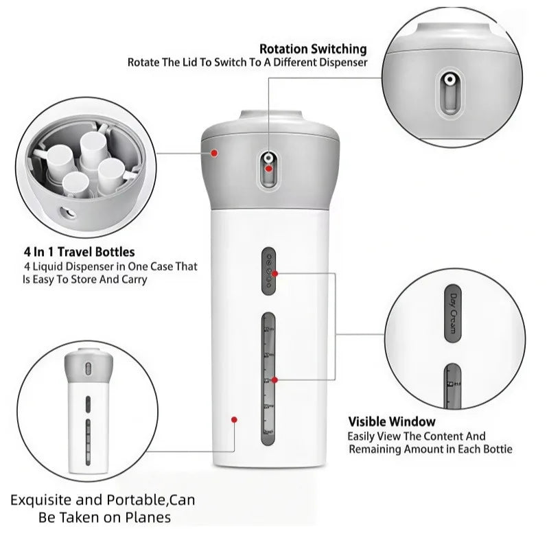 4-in-1 Travel Dispenser Bottle – Refillable, Leak-Proof & 4 Chambers