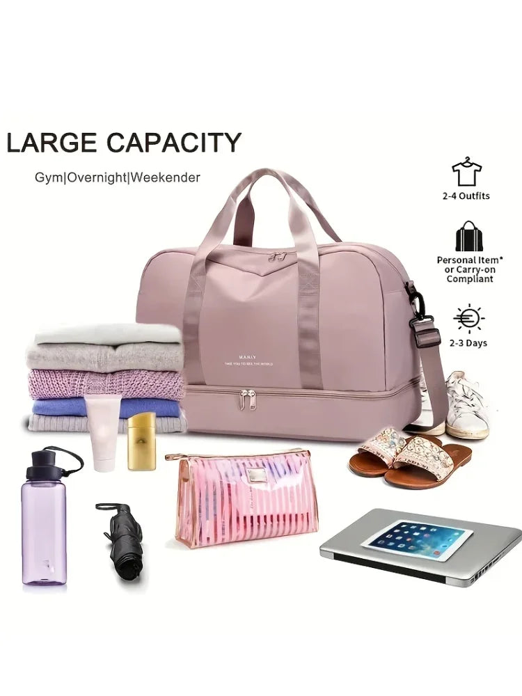 Travel Duffel Bag – Women's Pink, Shoe Compartment & Trolley Sleeve