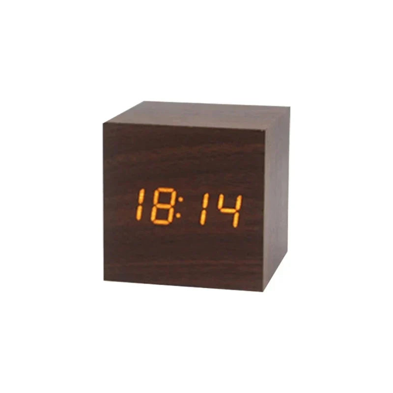 Wooden LED Alarm Clock – Temperature Display, Sound Activation & USB/Battery Power