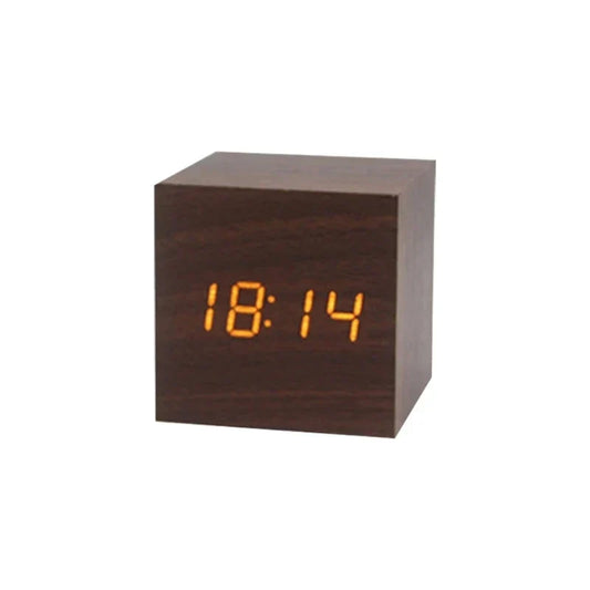 Wooden LED Alarm Clock – Temperature Display, Sound Activation & USB/Battery Power