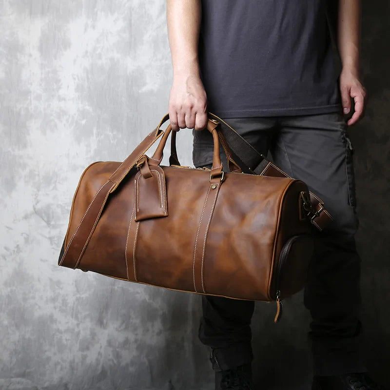 Leather Travel Duffel Bag – Crazy Horse Brown, Large Capacity & Shoulder Strap