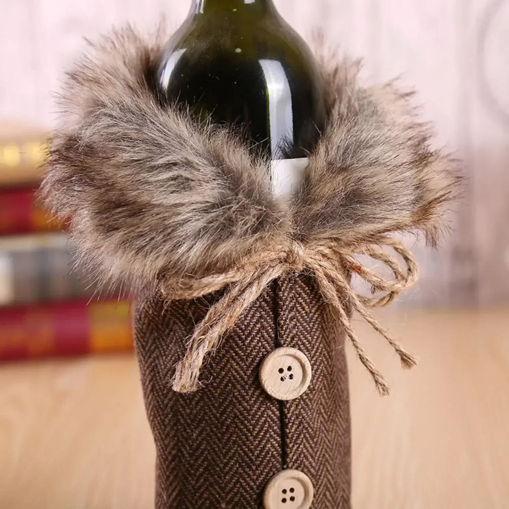 Christmas Wine Bottle Cover with Fur Collar – Santa Coat Bottle Sleeve