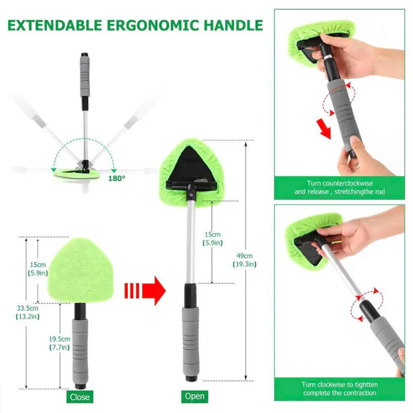 Windshield Cleaning Brush – Extendable Handle, 180° Swivel & 3 Microfiber Pads