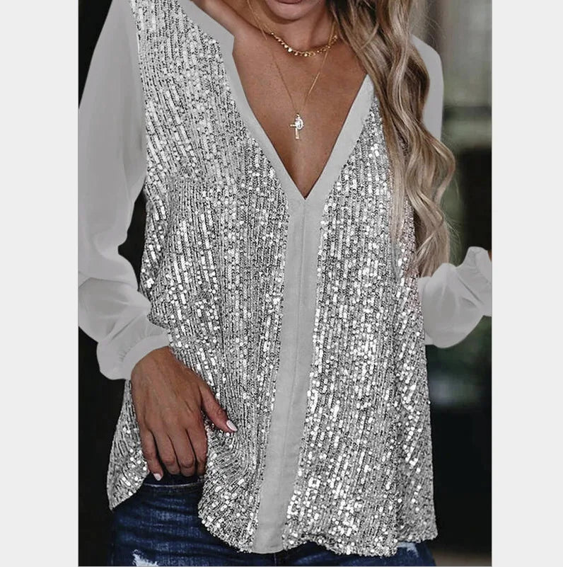 Plus Size Fall Sequin V-Neck Blouse - Stylish & Sparkling Autumn Top