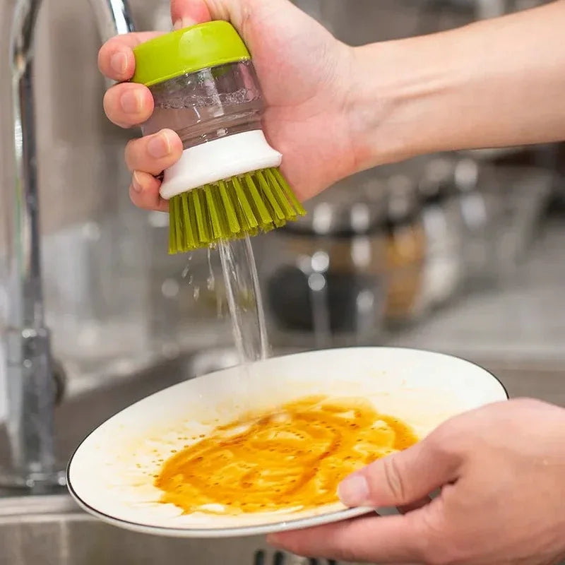 Dish Brush with Soap Dispenser – Ergonomic Grip, Refillable & Countertop Stand