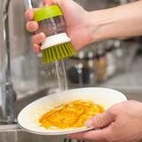 Dish Brush with Soap Dispenser – Ergonomic Grip, Refillable & Countertop Stand