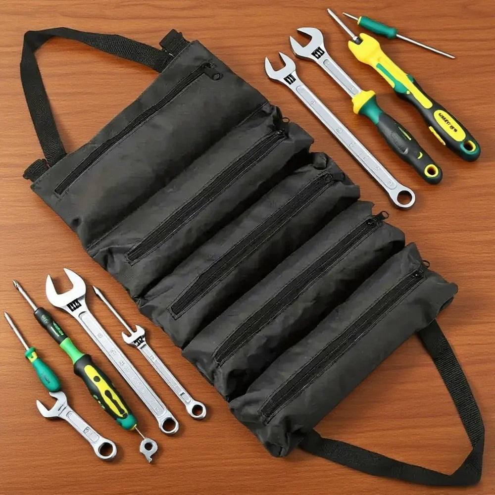 Roll-Up Tool Bag – Oxford Fabric, 4+ Zippered Pockets & Shoulder Strap