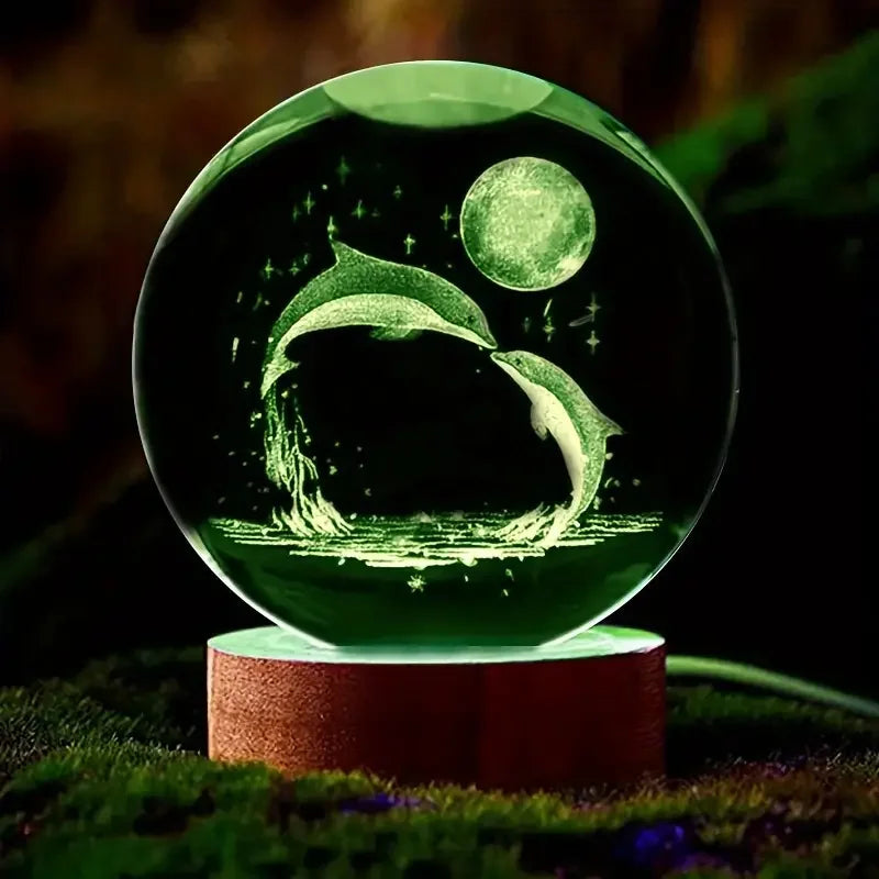 3D Laser-Engraved Crystal Glass Sphere with Color-Changing LED Base - Stunning Decorative Art Piece