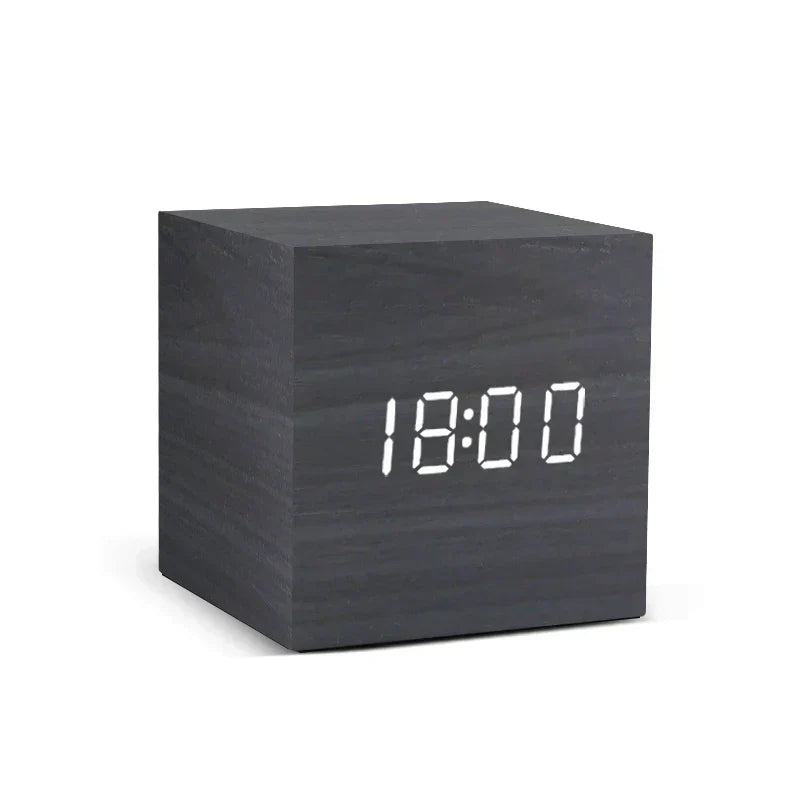 Wooden LED Alarm Clock – Temperature Display, Sound Activation & USB/Battery Power