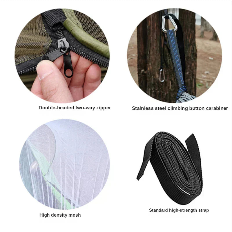 Camping Hammock with Mosquito Net – 210T Parachute Nylon, 200kg Capacity & 260×140cm