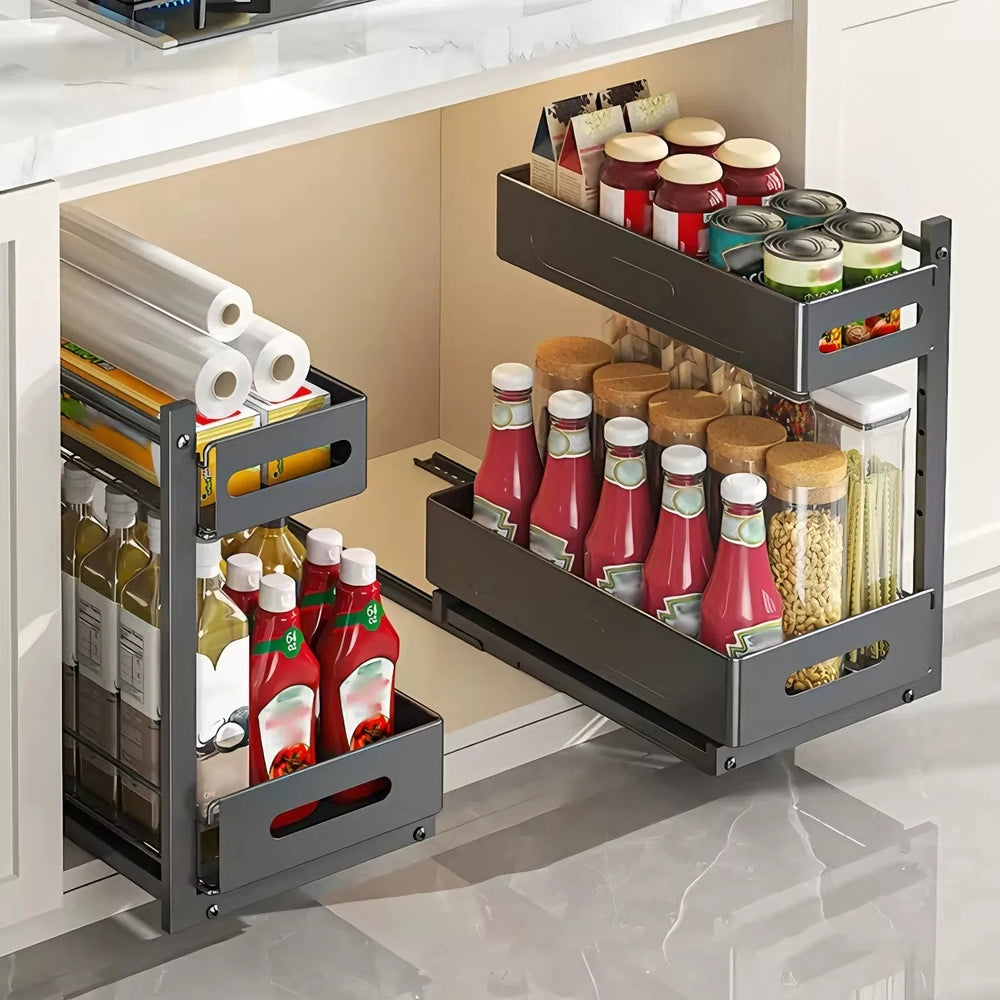 2-Tier Pull-Out Cabinet Organizer – Steel Frame, Height-Adjustable & Sliding Baskets
