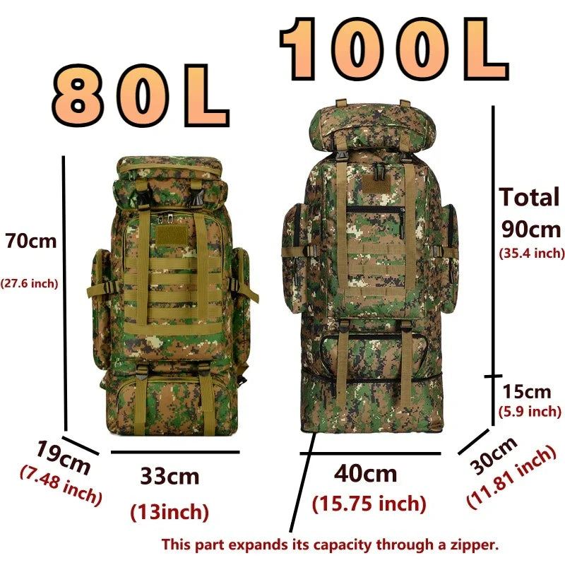 Tactical Hiking Backpack – 80L-100L, MOLLE System & Padded Hip Belt