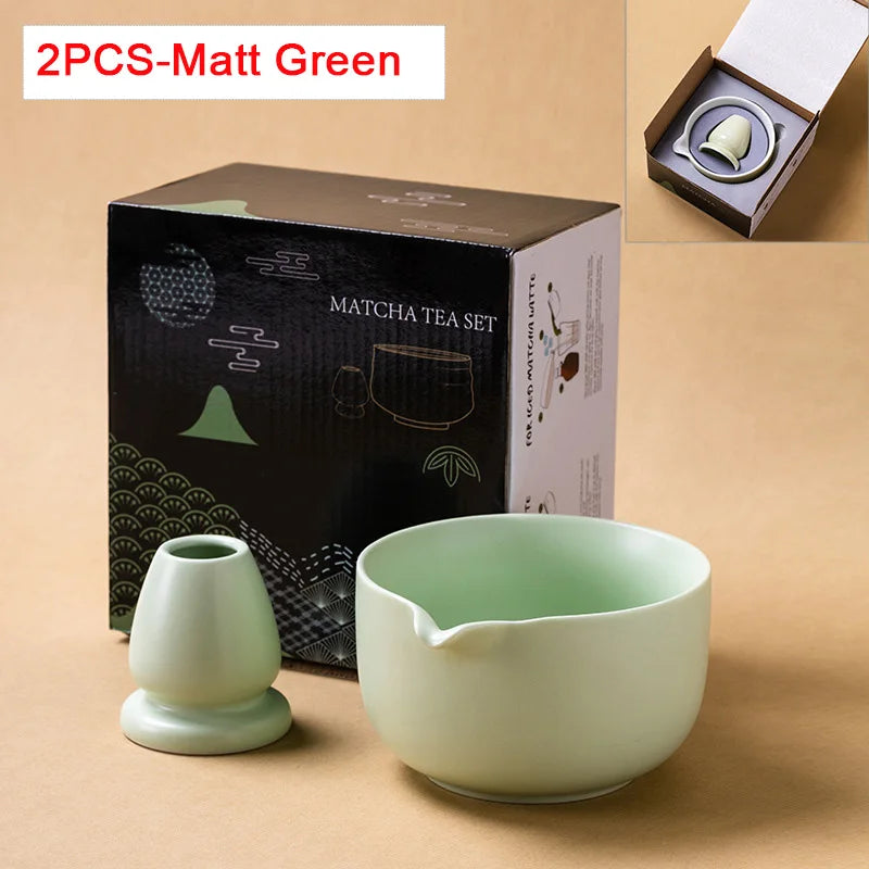 Japanese Matcha Bowl Set Green 550ml Ceramic with Spout for Tea Ceremony