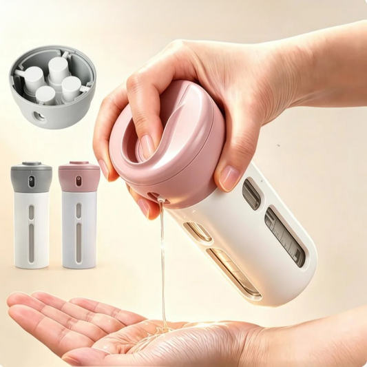 4-in-1 Travel Dispenser Bottle – Refillable, Leak-Proof & 4 Chambers