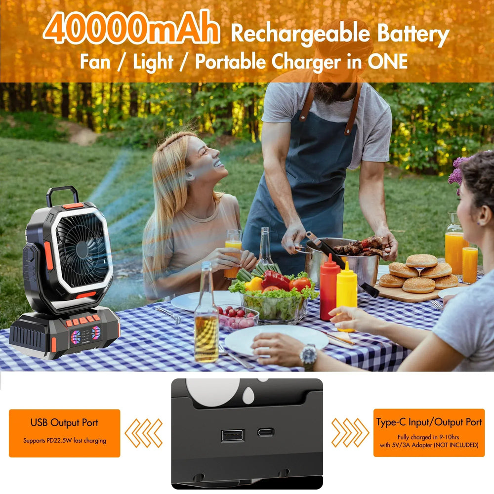 Rechargeable Camping Fan with 40,000mAh Battery & LED Lantern – F22
