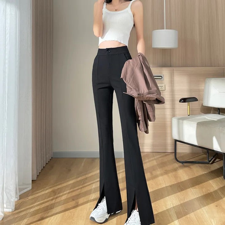 Plus-Size Black Flared Pants with Slit - Stylish Fall Edition for Women