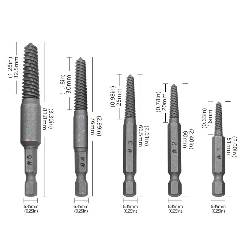 Screw Extractor Set – 10-Piece, Left-Hand Thread & Hardened Steel Hex Shank