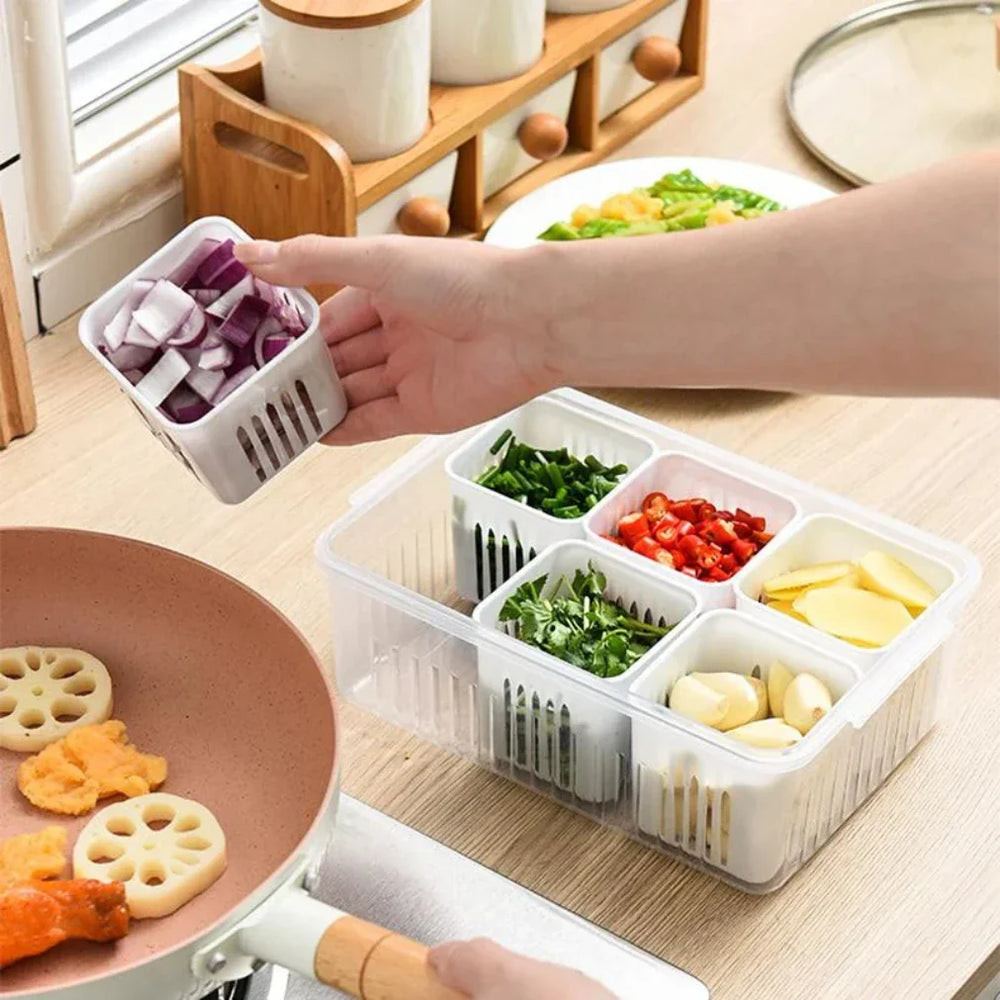 Optimized Product Title: **Kühlschrank-Frischhaltebox mit Ablaufeinsatz und Deckel – 6 Fächer, BPA-frei, ideal für Obst und Gemüse, stapelbar, luftdicht** 

This title includes additional keywords that can help improve visibility and appeal to potential b