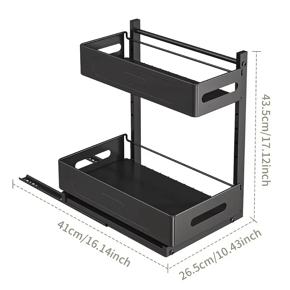 2-Tier Pull-Out Cabinet Organizer – Steel Frame, Height-Adjustable & Sliding Baskets