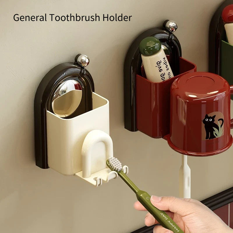 Wall-Mounted Toothbrush Holder with Cup – Suction Mount, ABS & No-Drill