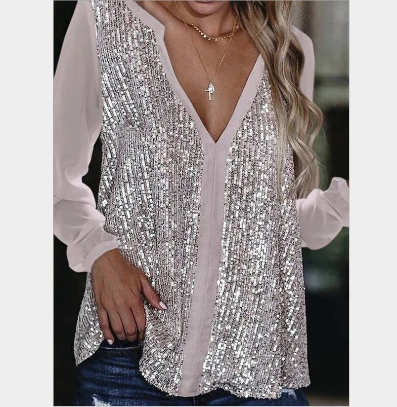 Plus Size Fall Sequin V-Neck Blouse - Stylish & Sparkling Autumn Top