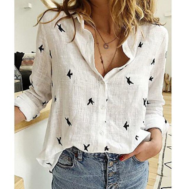 Chloë Casual Blouse - White with Birds