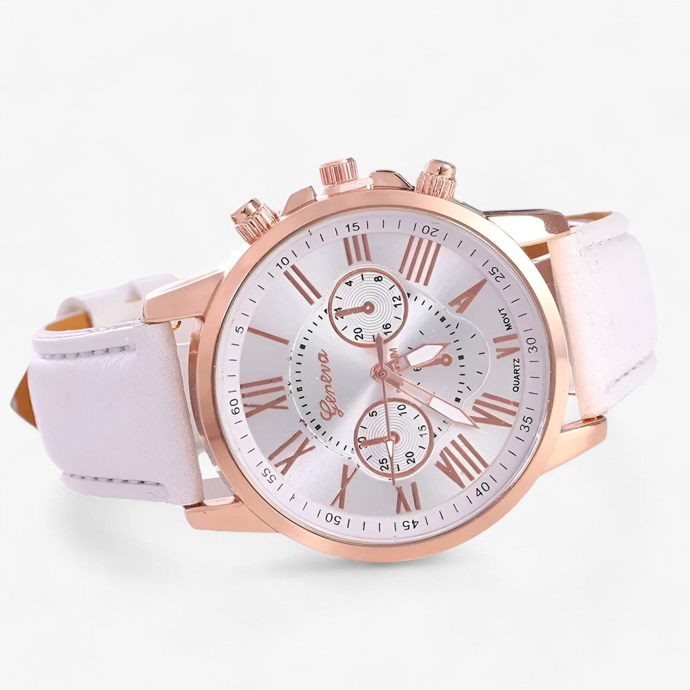 Women's Leather Watch – Genuine Strap, Roman Dial, 42mm & Splash-Proof