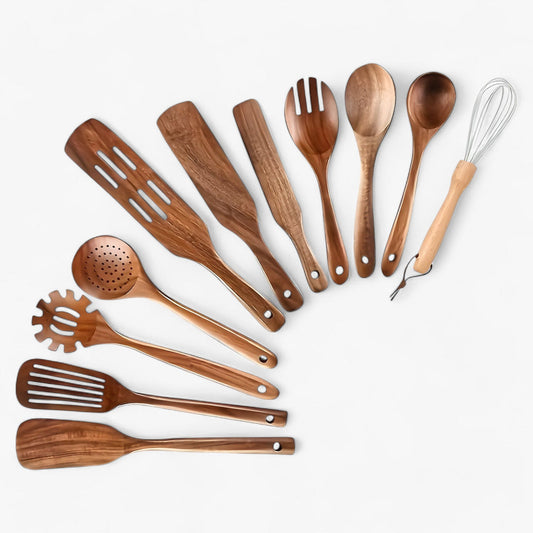 11-Piece Wooden Kitchen Utensil Set with Whisk – Durable & Eco-Friendly Cooking Tools
