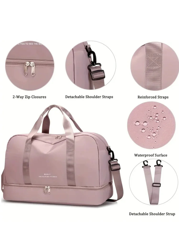 Travel Duffel Bag – Women's Pink, Shoe Compartment & Trolley Sleeve
