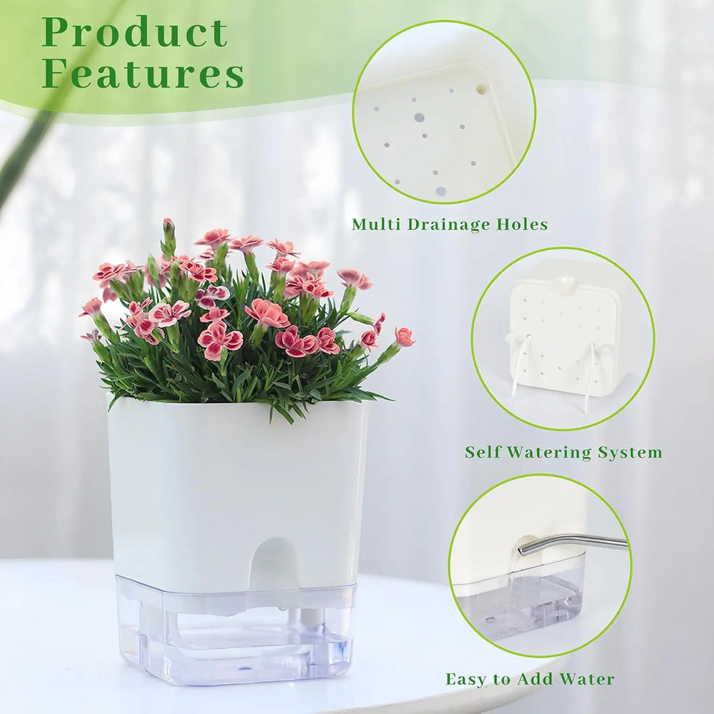 Self-Watering Plant Pot – Visible Water Level, Cotton Wick & White Design