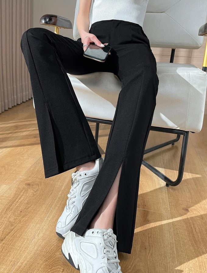 Plus-Size Black Flared Pants with Slit - Stylish Fall Edition for Women