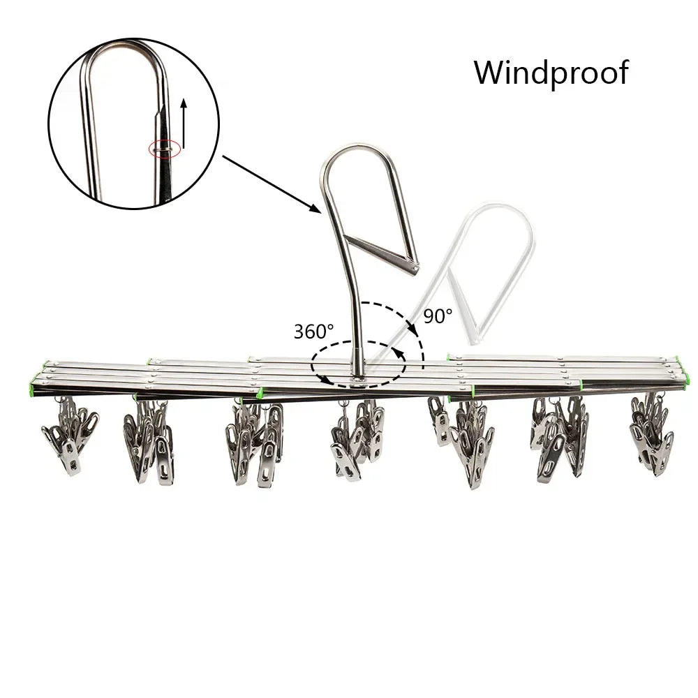 Folding Clothes Drying Rack – 35 Stainless Steel Clips, 360° Hook & Windproof