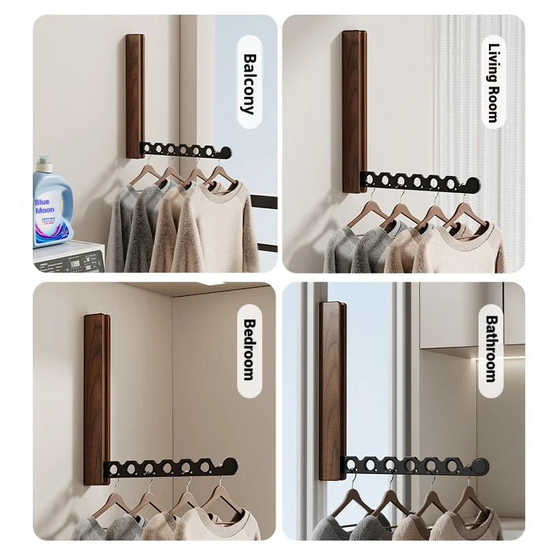 Folding Wall-Mounted Clothes Rack – Wood & Metal, Space-Saving Garment Bar